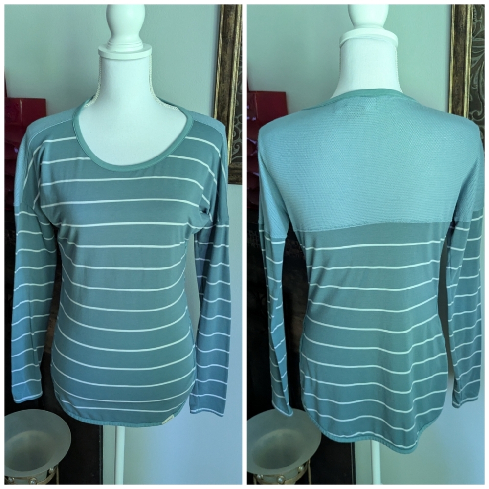 ExOfficio Insect Shield Shirt Womens XS Aqua Green Stripe Mesh Shoulder Panel 52